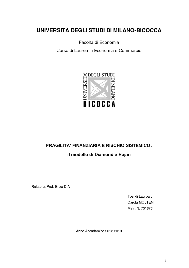 Anteprima della tesi: Fragilità finanziaria e rischio sistemico: il modello di Diamond & Rajan, Pagina 1