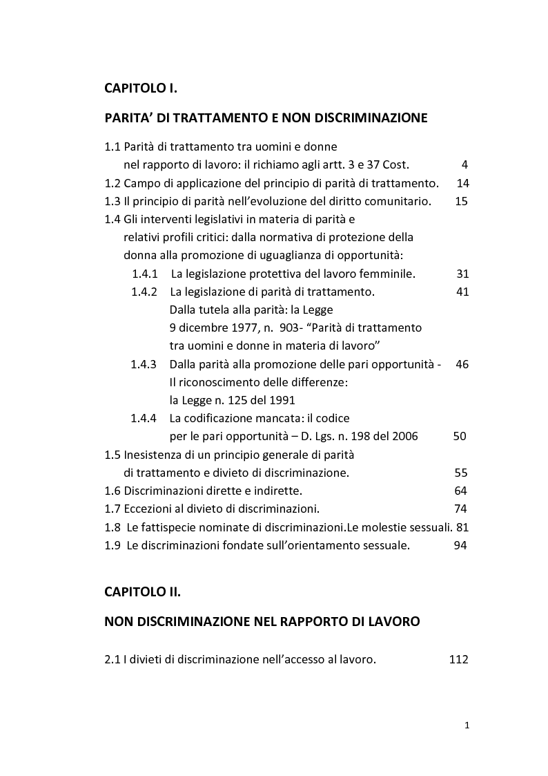 Indice della tesi: Parità uomo donna in materia di lavoro, Pagina 1