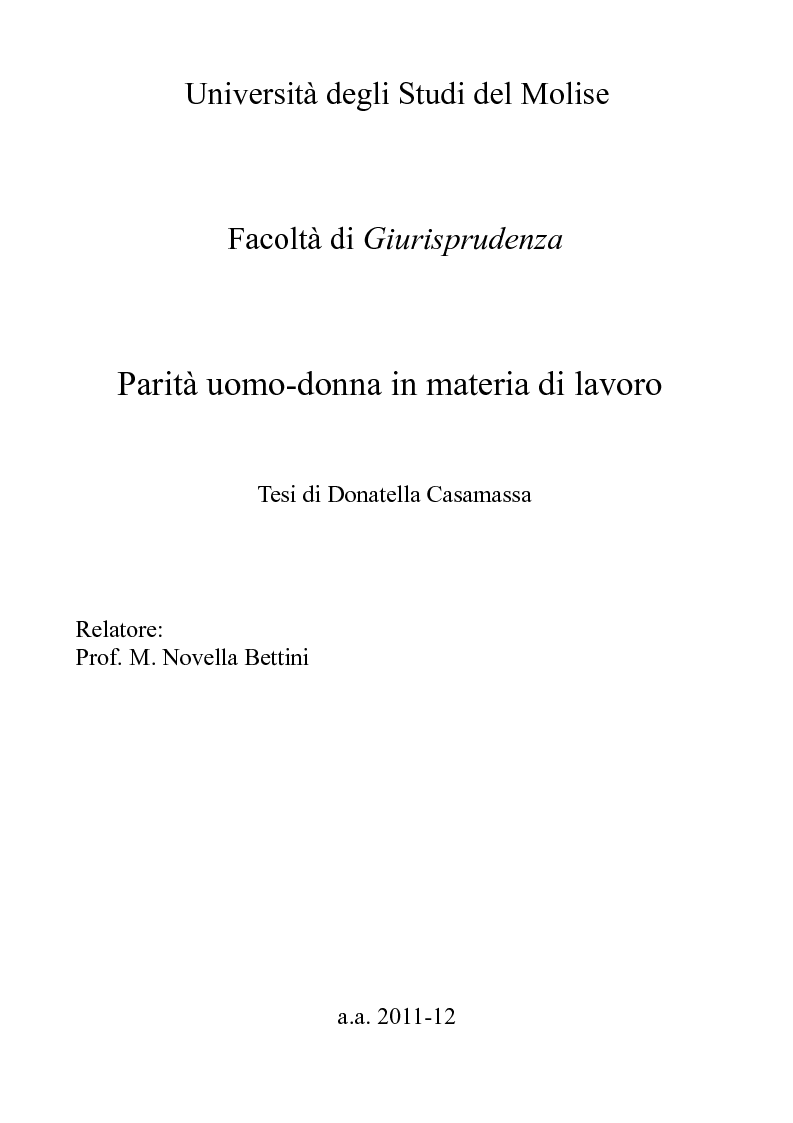 Anteprima della tesi: Parità uomo donna in materia di lavoro, Pagina 1
