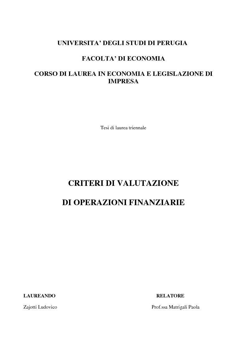 Anteprima della tesi: Criteri di valutazione di operazioni finanziarie, Pagina 1