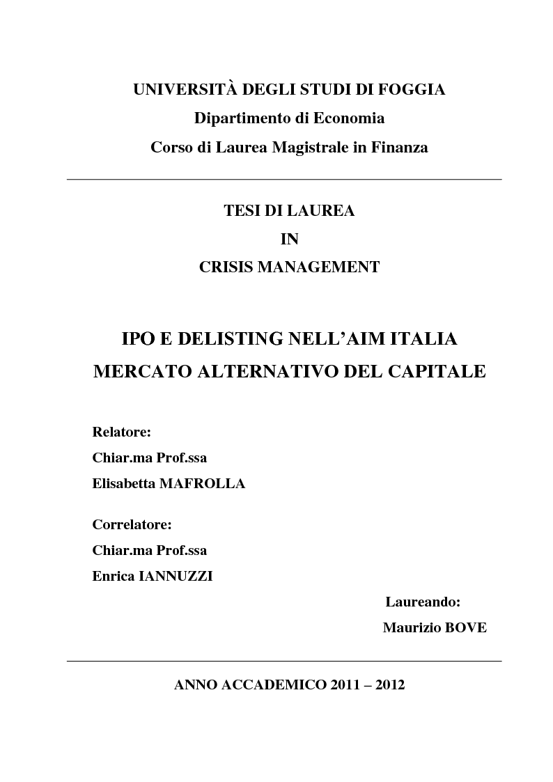 Anteprima della tesi: IPO e delisting nell'AIM Italia - Mercato Alternativo del Capitale, Pagina 1