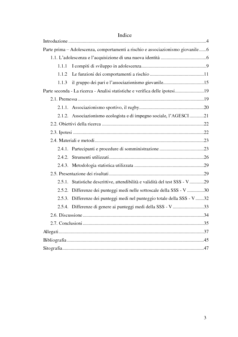 Indice della tesi: Fattori di protezione dei comportamenti a rischio:il ruolo dell'appartenenza associativa, Pagina 1
