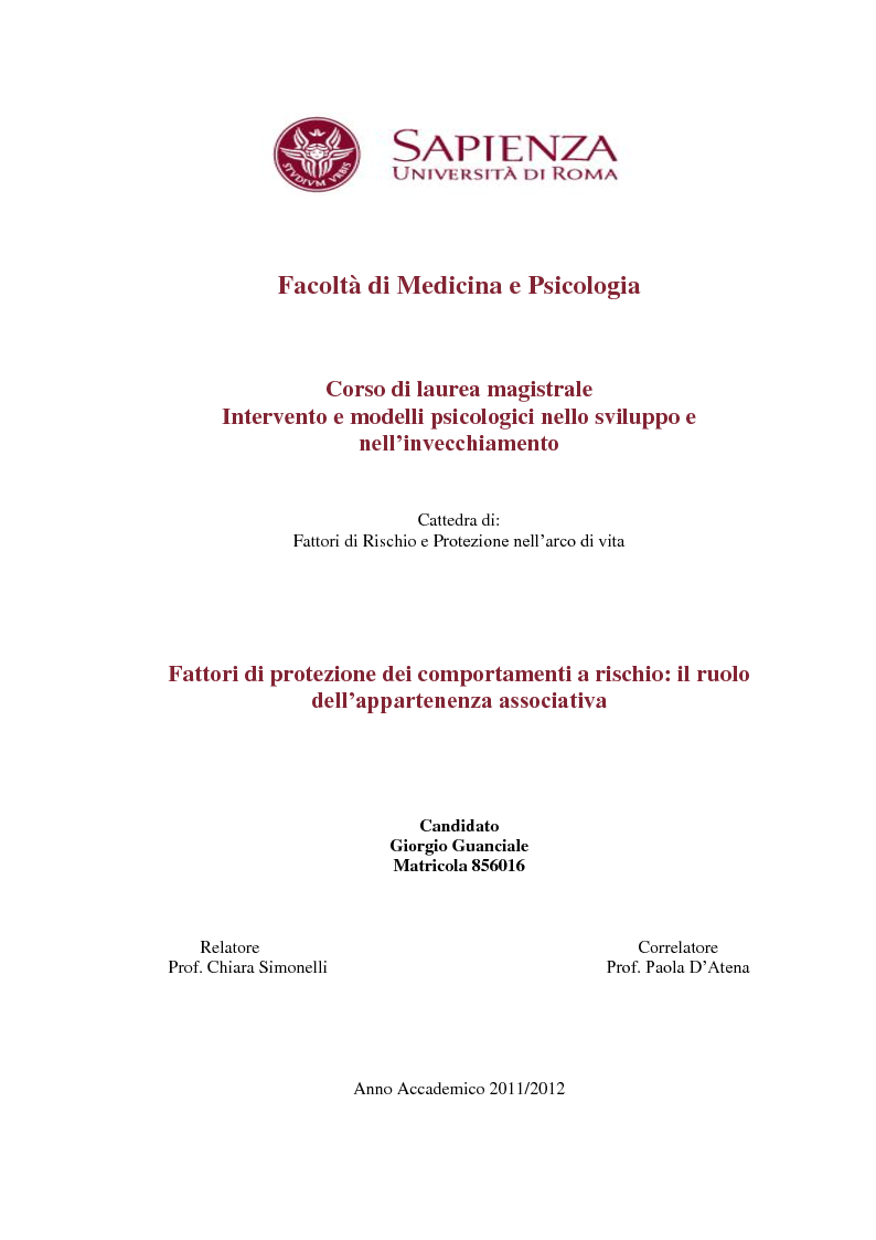 Anteprima della tesi: Fattori di protezione dei comportamenti a rischio:il ruolo dell'appartenenza associativa, Pagina 1