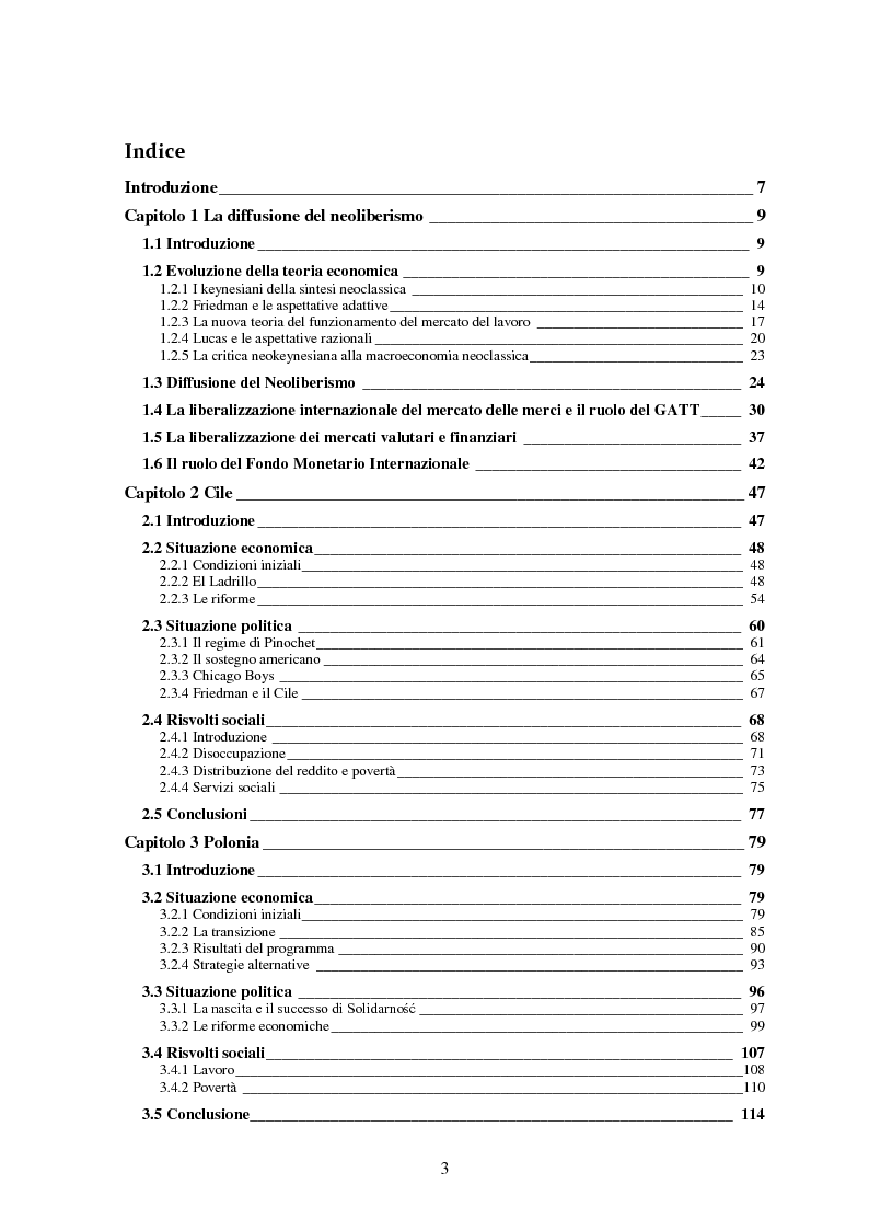 Indice della tesi: I fallimenti del liberismo in Cile, Polonia e Indonesia, Pagina 1