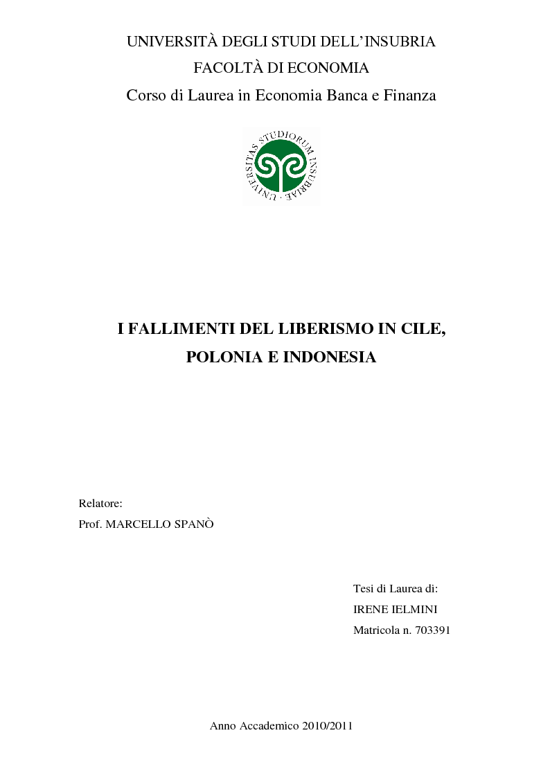 Anteprima della tesi: I fallimenti del liberismo in Cile, Polonia e Indonesia, Pagina 1