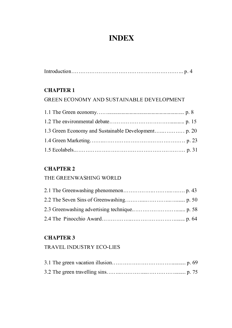 Indice della tesi: Shades of Green. Greenwashing in the Tourism Industry, Pagina 1