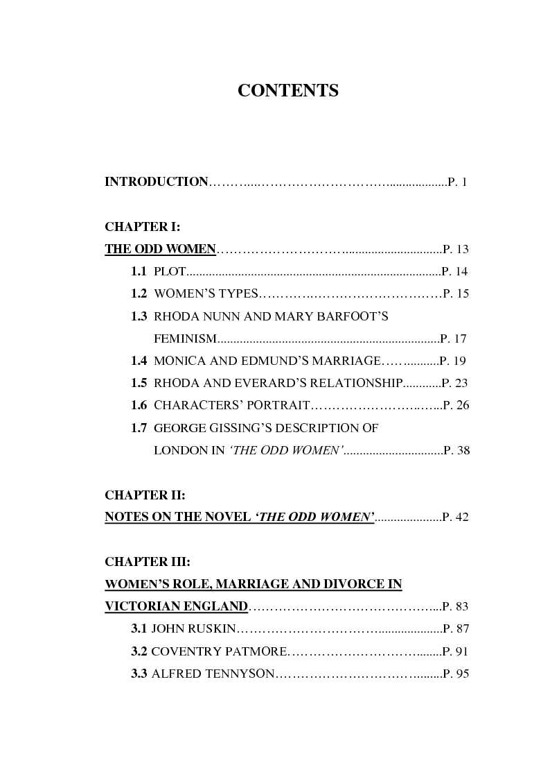 Indice della tesi: Women's Role in the Late-Victorian England: George Gissing's The Odd Women and the 19th century Debate on Marriage and Divorce, Pagina 1