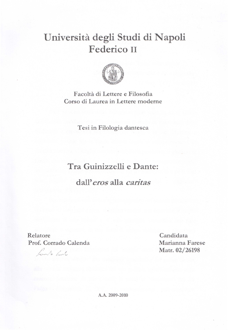 Anteprima della tesi: Tra Guinizzelli e Dante: dall'eros alla caritas, Pagina 1