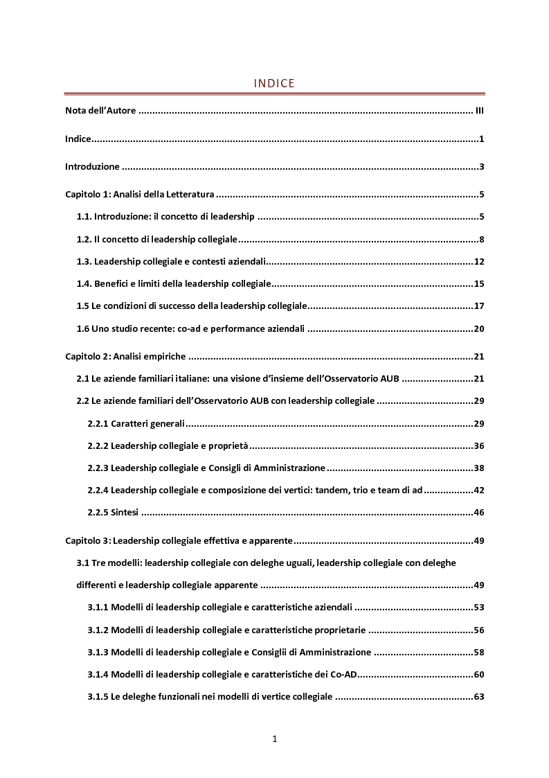 Indice della tesi: La leadership collegiale: analisi della letteratura ed evidenze empiriche nelle medie e grandi aziende familiari italiane , Pagina 1