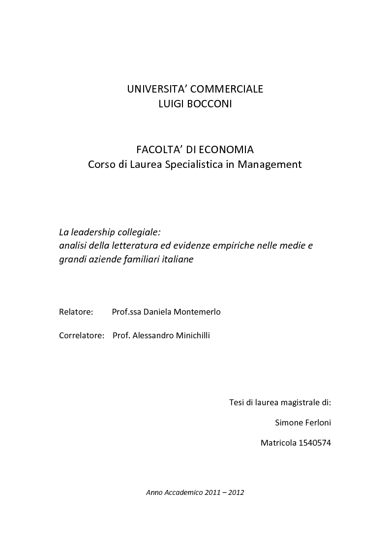 Anteprima della tesi: La leadership collegiale: analisi della letteratura ed evidenze empiriche nelle medie e grandi aziende familiari italiane , Pagina 1