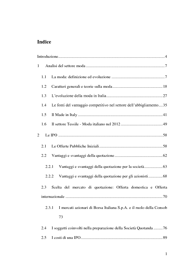 Indice della tesi: Le IPO nel settore moda. La scelta del mercato borsistico nelle quotazioni di Ferragamo e Prada, Pagina 1