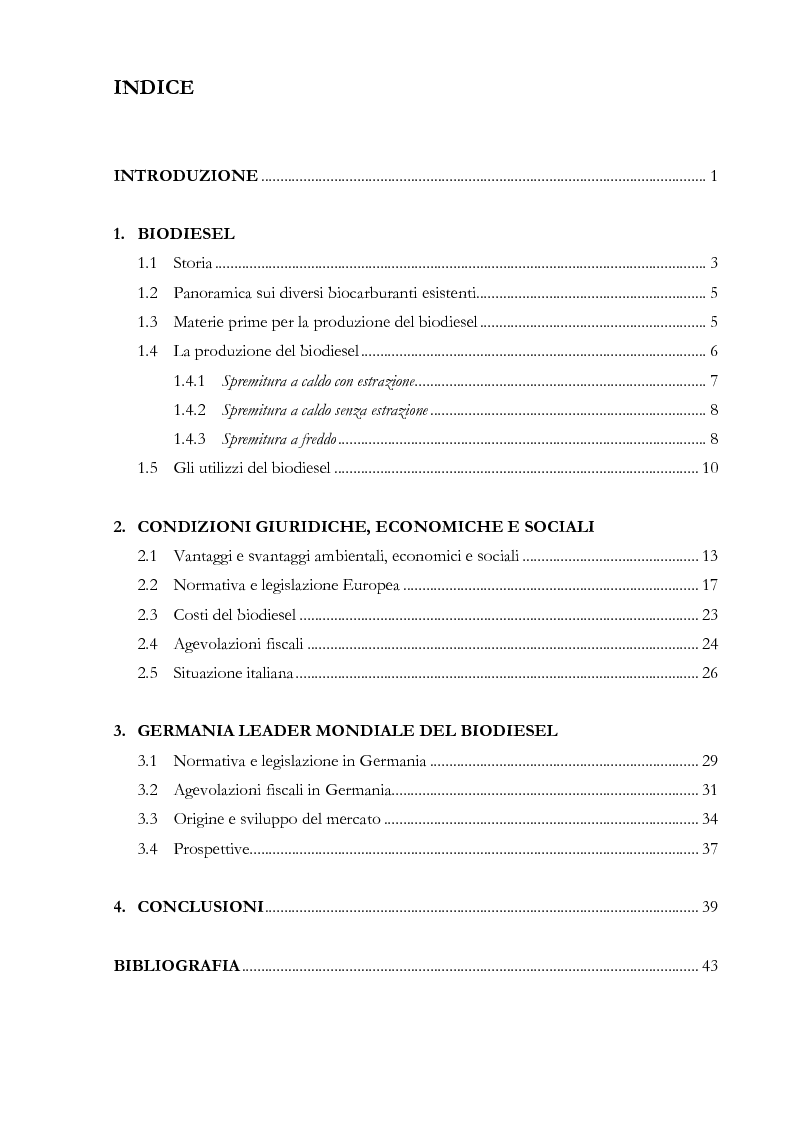 Indice della tesi: Quadro normativo e agevolazioni fiscali per lo sviluppo del mercato del Biodiesel, Pagina 1