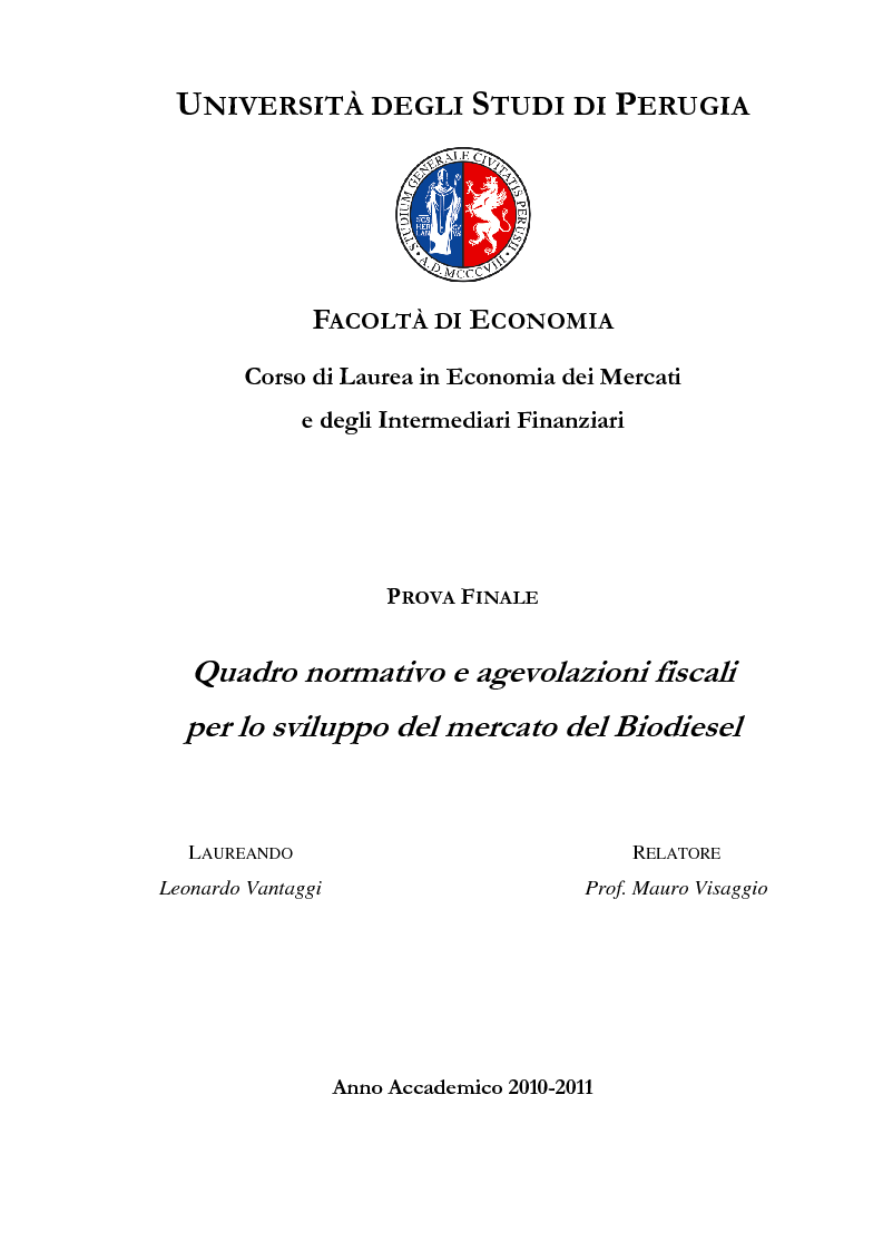 Anteprima della tesi: Quadro normativo e agevolazioni fiscali per lo sviluppo del mercato del Biodiesel, Pagina 1