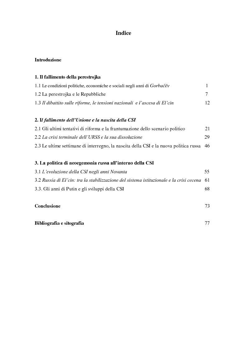 Indice della tesi: La nuova Russia e la politica di neoegemonia all'interno della CSI, Pagina 1
