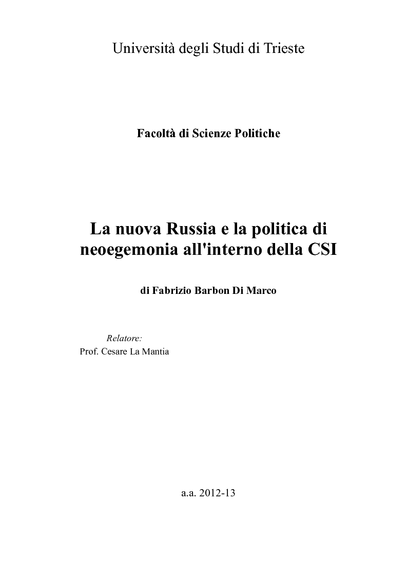 Anteprima della tesi: La nuova Russia e la politica di neoegemonia all'interno della CSI, Pagina 1