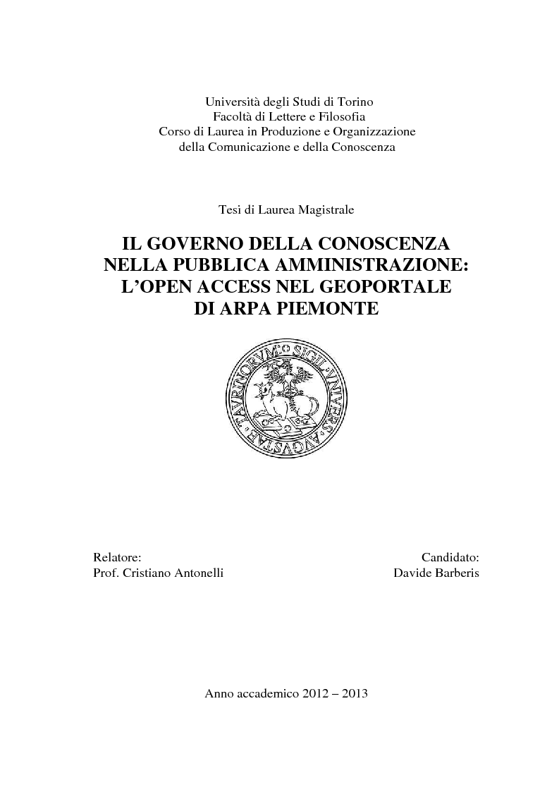 Anteprima della tesi: Il governo della conoscenza nella pubblica amministrazione: l'open access nel Geoportale di Arpa Piemonte, Pagina 1
