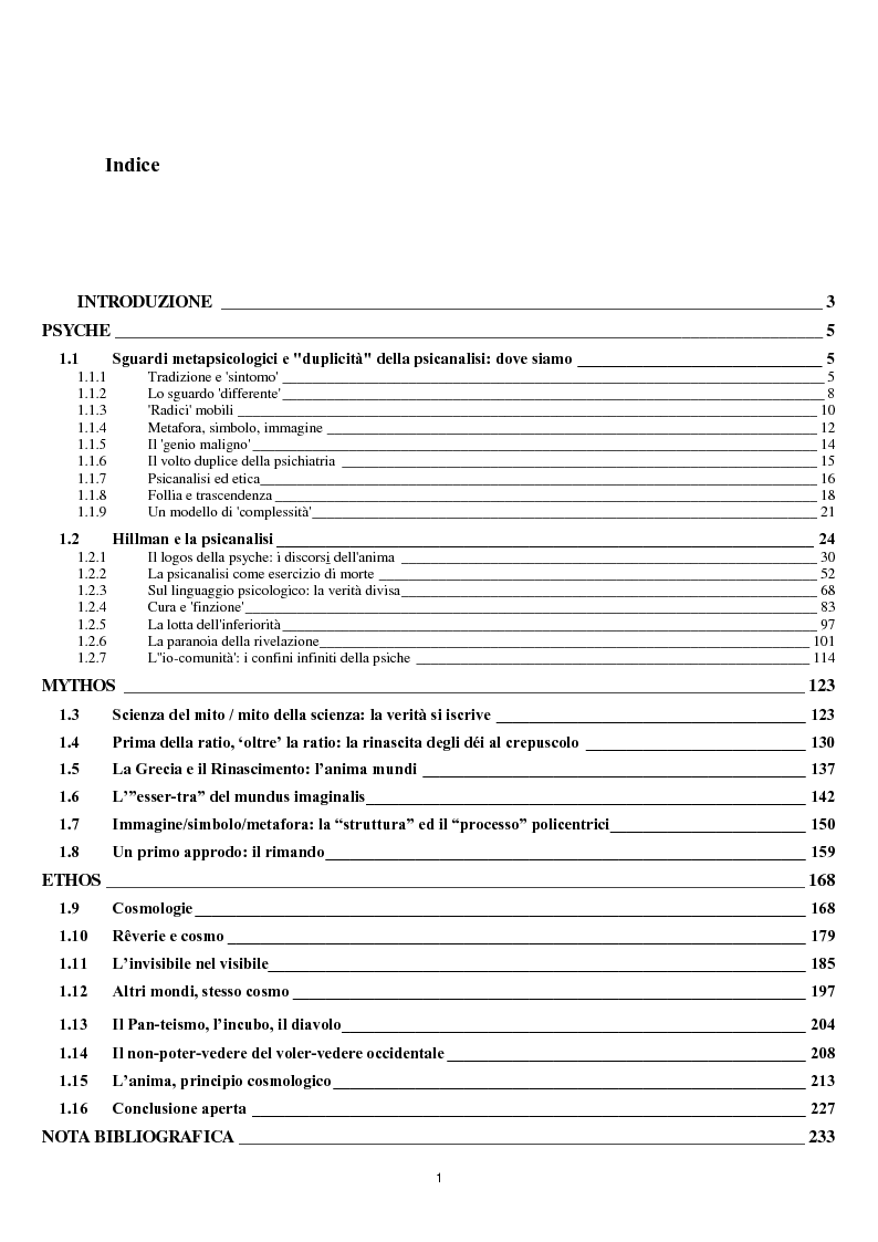 Indice della tesi: Mito, Anima, Immaginazione, Cosmologia: un Itinerario in James Hillman, Pagina 1