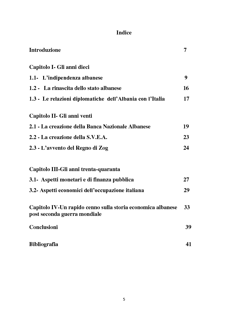 Indice della tesi: Gli aspetti principali della storia economica dell'Albania nel periodo 1912-1950, Pagina 1