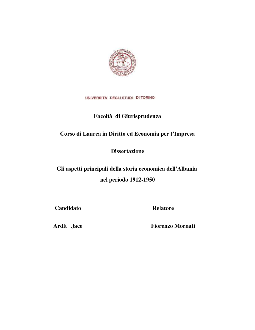 Anteprima della tesi: Gli aspetti principali della storia economica dell'Albania nel periodo 1912-1950, Pagina 1