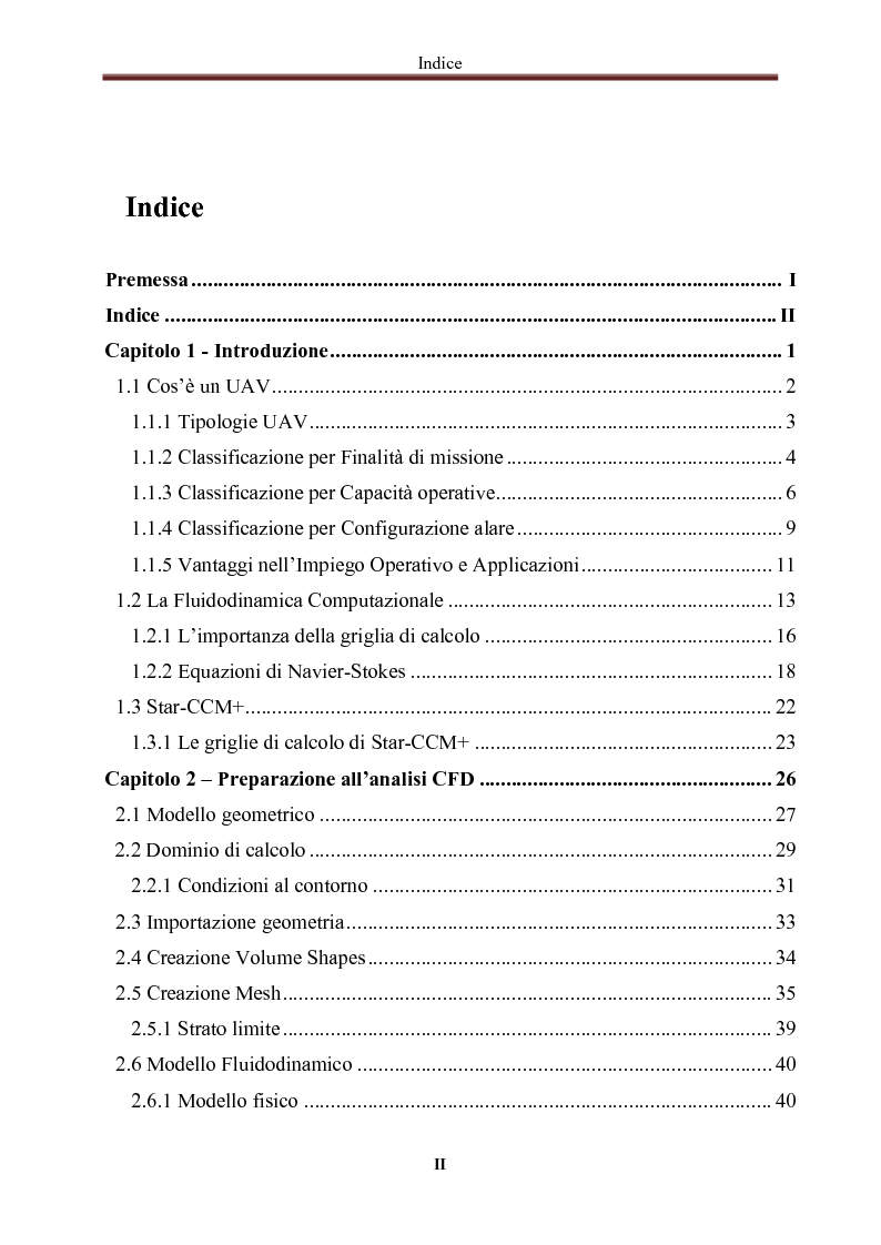 Indice della tesi: Studio fluidodinamico preliminare di velivolo UAV: esecuzione del calcolo e analisi dei risultati, Pagina 1