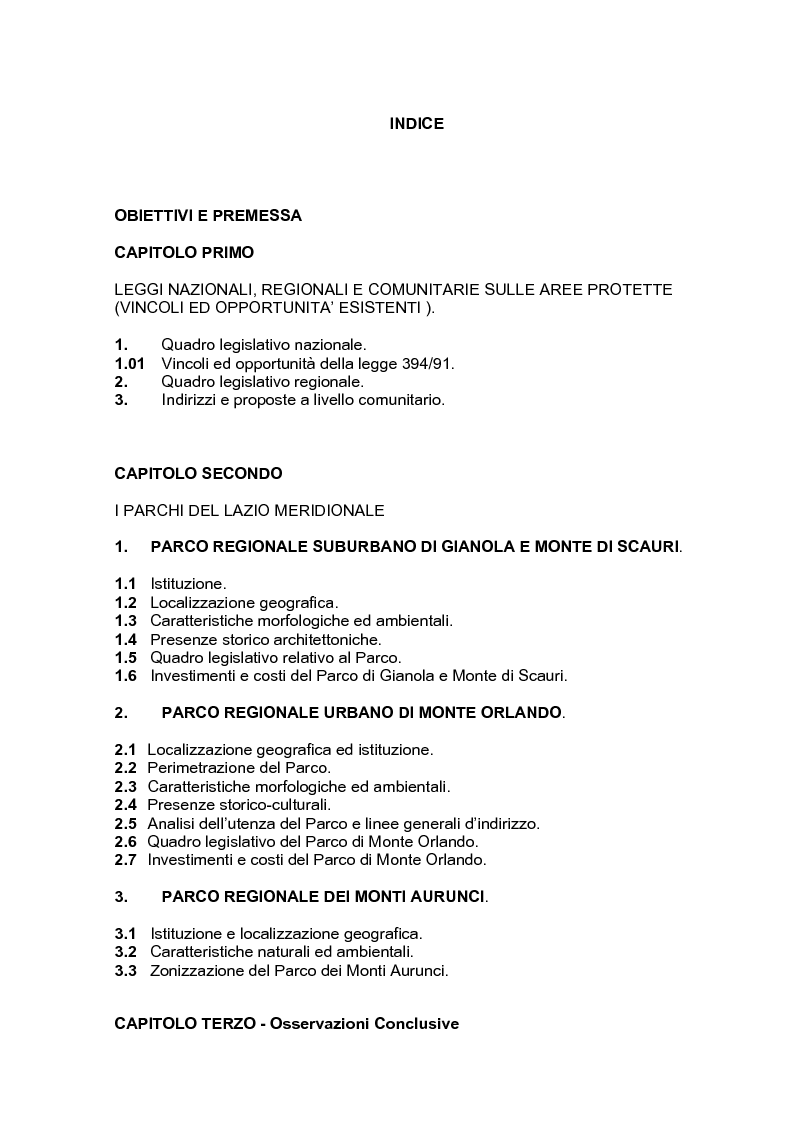 Indice della tesi: Un sistema di parchi come sviluppo socio-economico di un territorio., Pagina 1