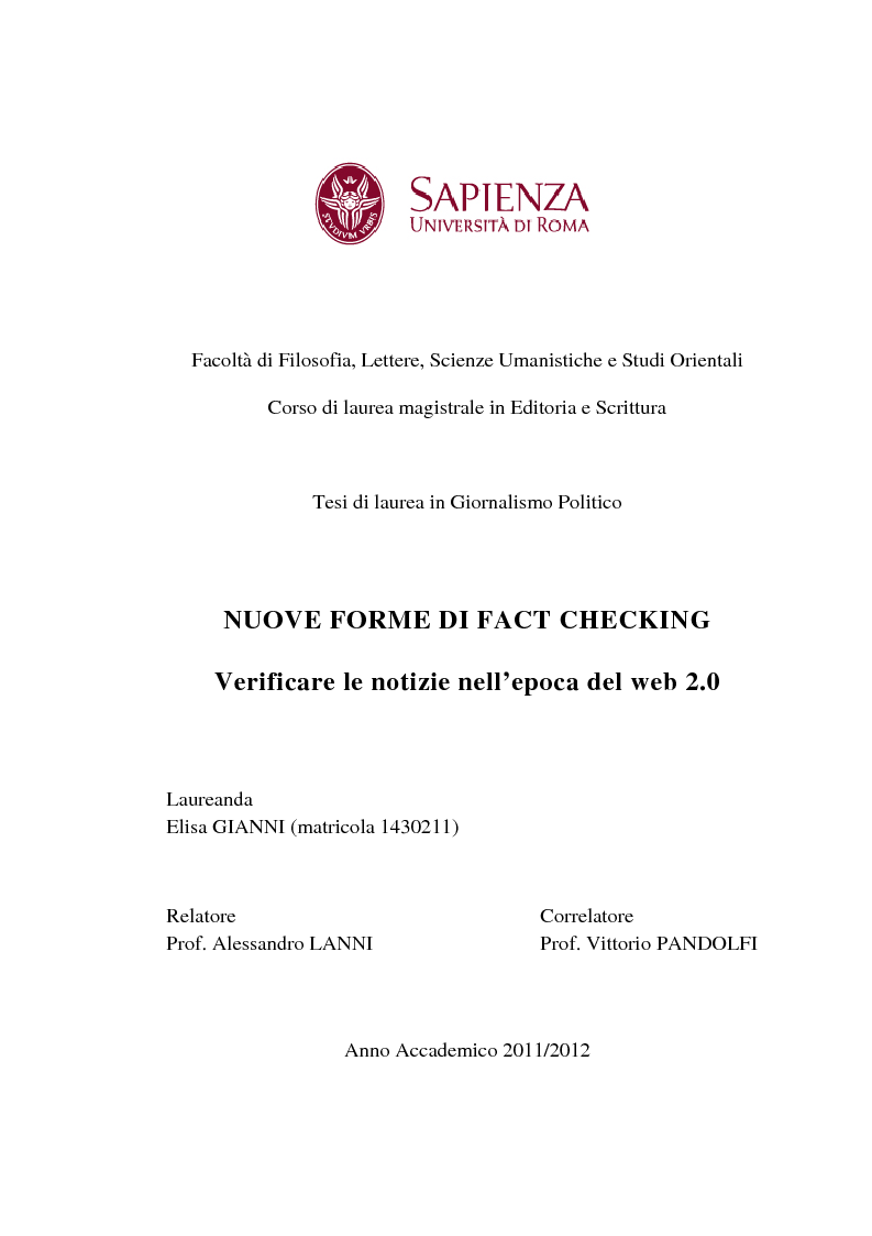 Anteprima della tesi: Nuove forme di fact checking. Verificare le notizie nell'epoca del web 2.0, Pagina 1