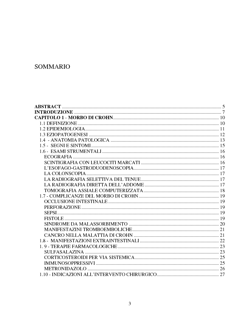 Indice della tesi: Morbo di Crohn: Ruolo assistenziale ed educativo dell'infermiere, Pagina 1