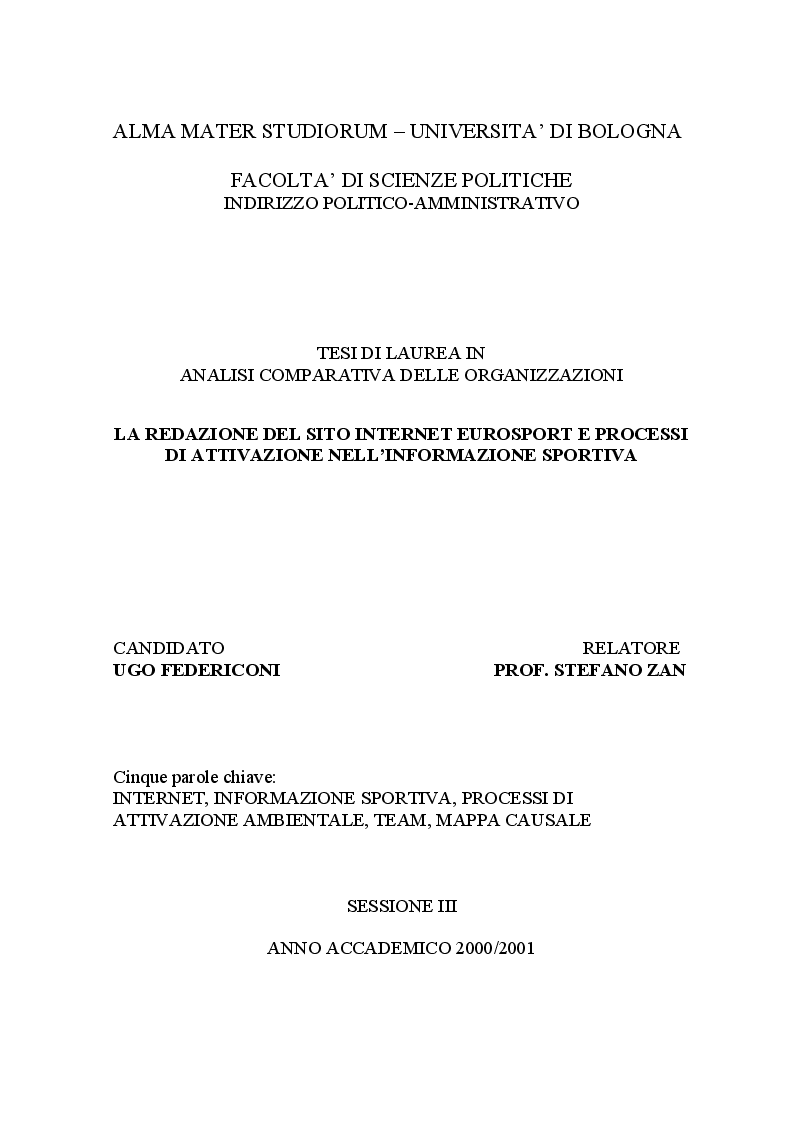 Anteprima della tesi: La redazione del sito Internet Eurosport e processi di attivazione nell'informazione sportiva, Pagina 1