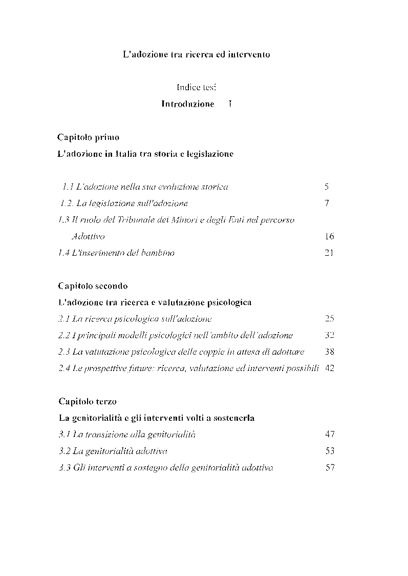 Indice della tesi: L'adozione tra ricerca ed intervento, Pagina 1