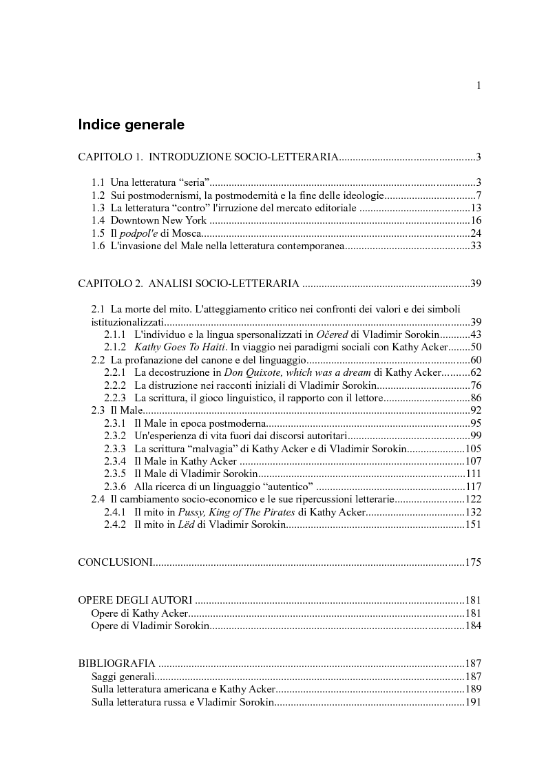 Indice della tesi: Alla ricerca dell'autenticità. Kathy Acker e Vladimir Sorokin a confronto, Pagina 1