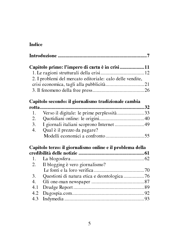 Indice della tesi: Oltre la crisi della carta stampata: analisi e strategie , Pagina 1
