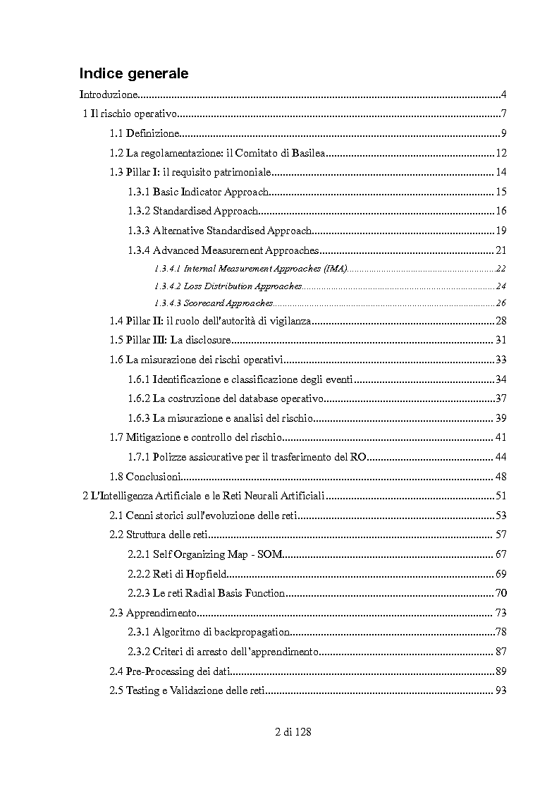 Indice della tesi: Il rischio operativo: l'utilizzo delle reti neurali per la previsione del rischio di frode, Pagina 1