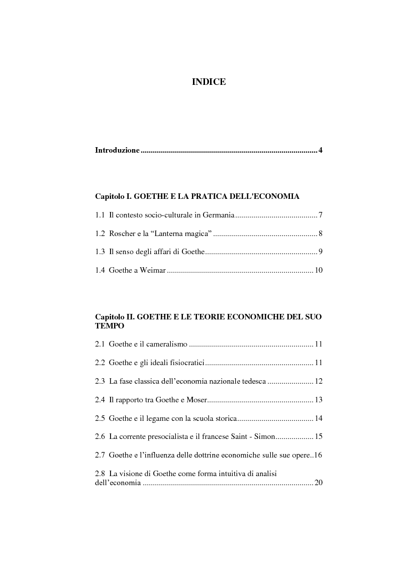 Indice della tesi: Goethe e l'economia, Pagina 1