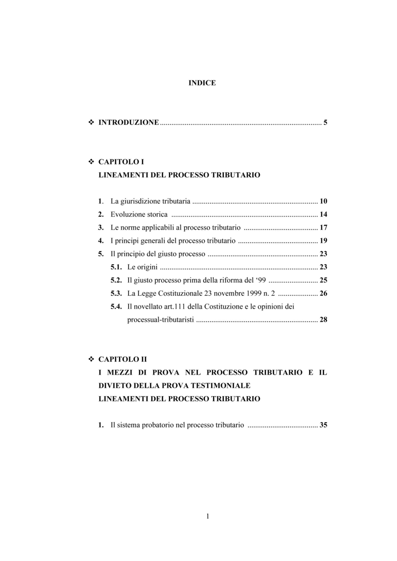 Indice della tesi: Le dichiarazioni di terzi nel processo tributario, Pagina 1