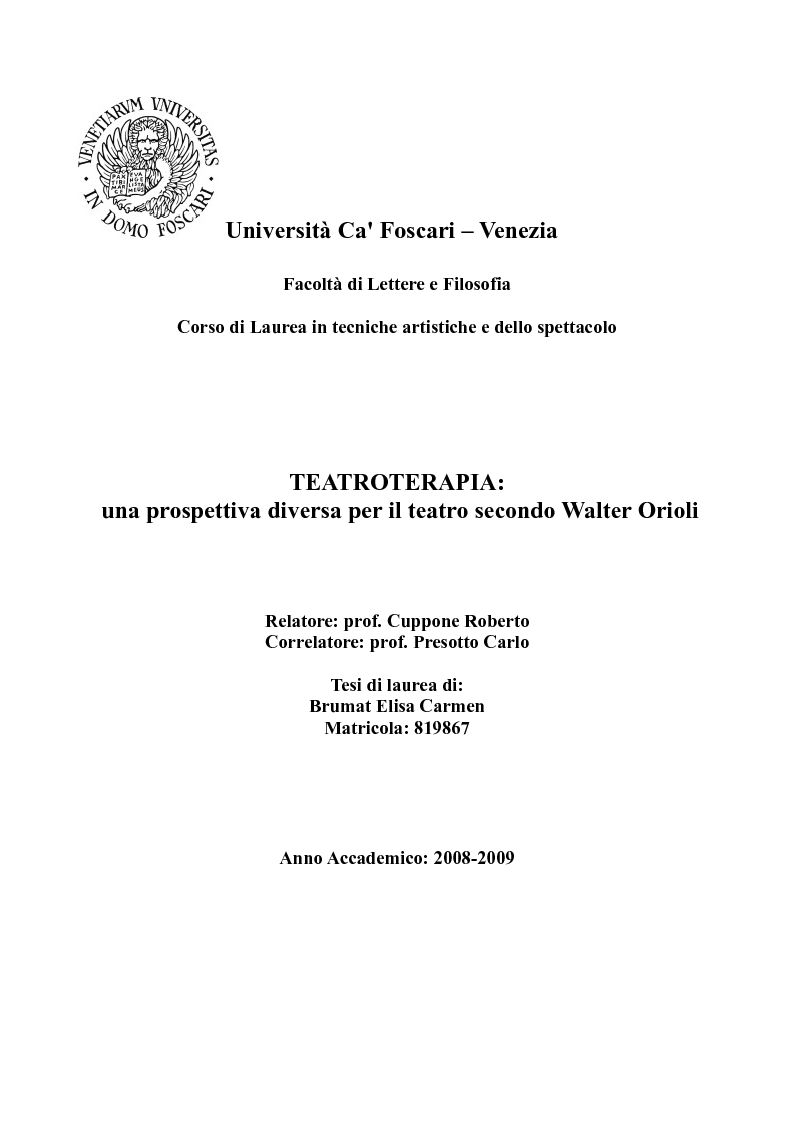 Anteprima della tesi: Teatroterapia: una prospettiva diversa per il teatro secondo Walter Orioli, Pagina 1