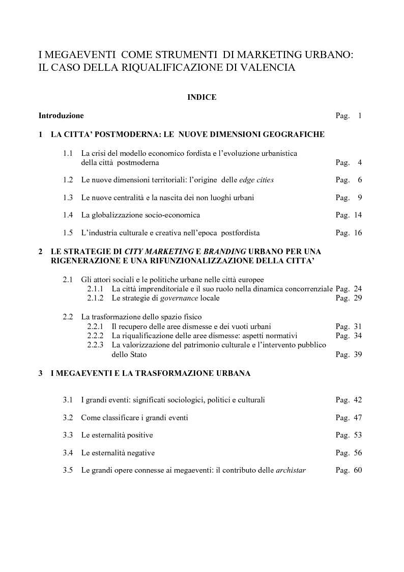 Indice della tesi: I mega eventi come strumenti di marketing urbano: il caso della riqualificazione di Valencia, Pagina 1