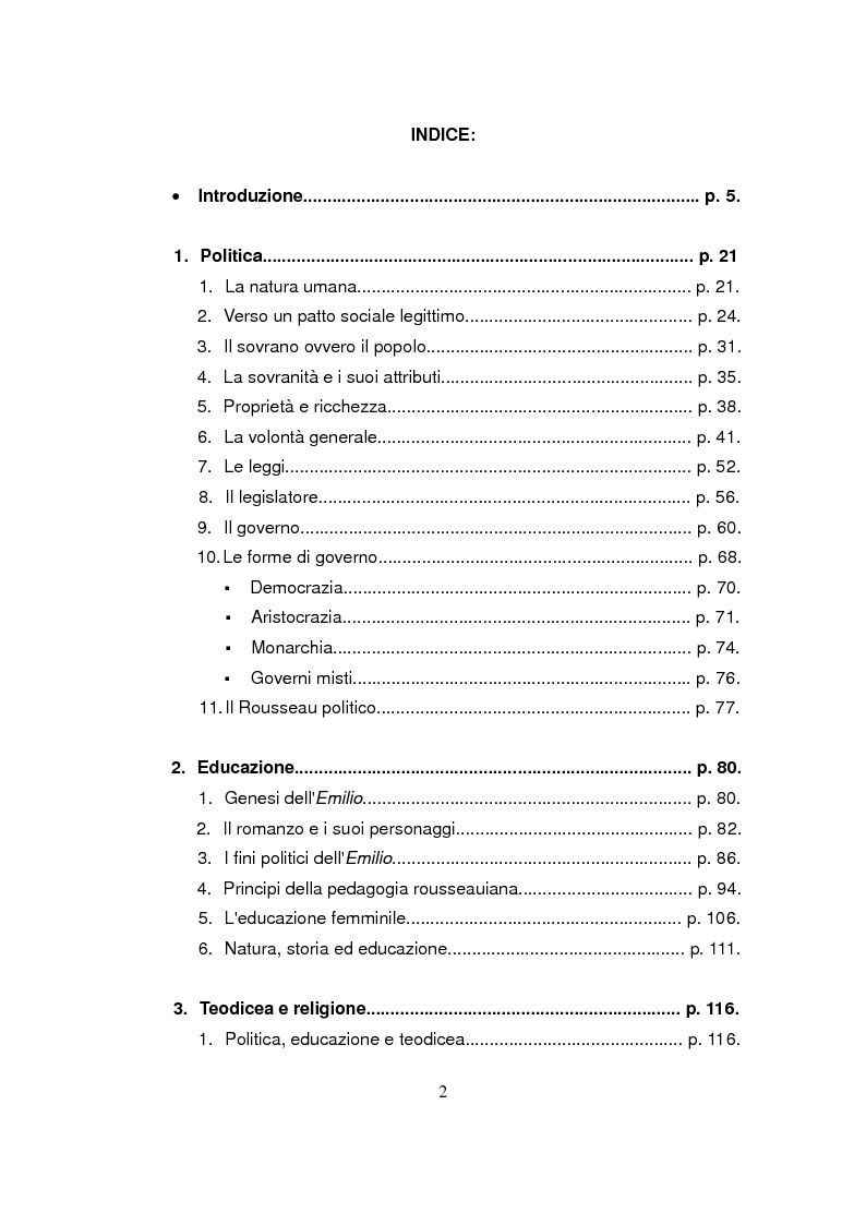 Indice della tesi: "Tutti i mali sono colpa vostra", politica ed educazione nel progetto di Rousseau, Pagina 1