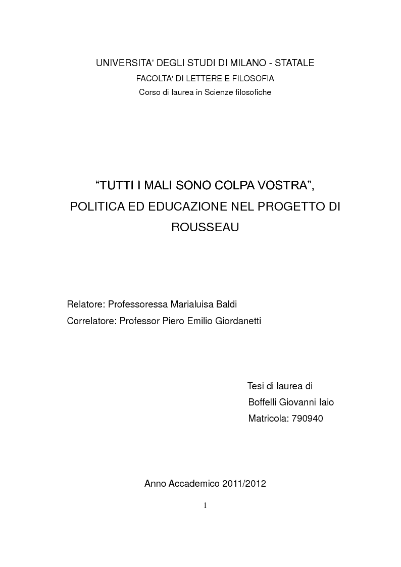 Anteprima della tesi: "Tutti i mali sono colpa vostra", politica ed educazione nel progetto di Rousseau, Pagina 1