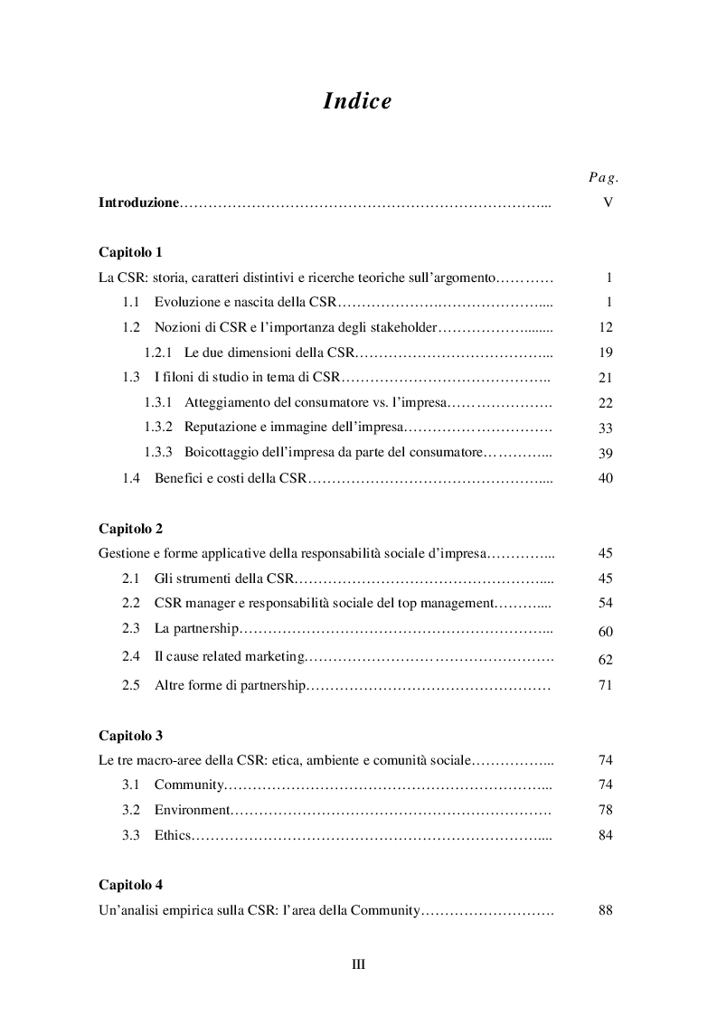 Indice della tesi: Responsabilità sociale d'impresa e reazioni del consumatore, Pagina 1