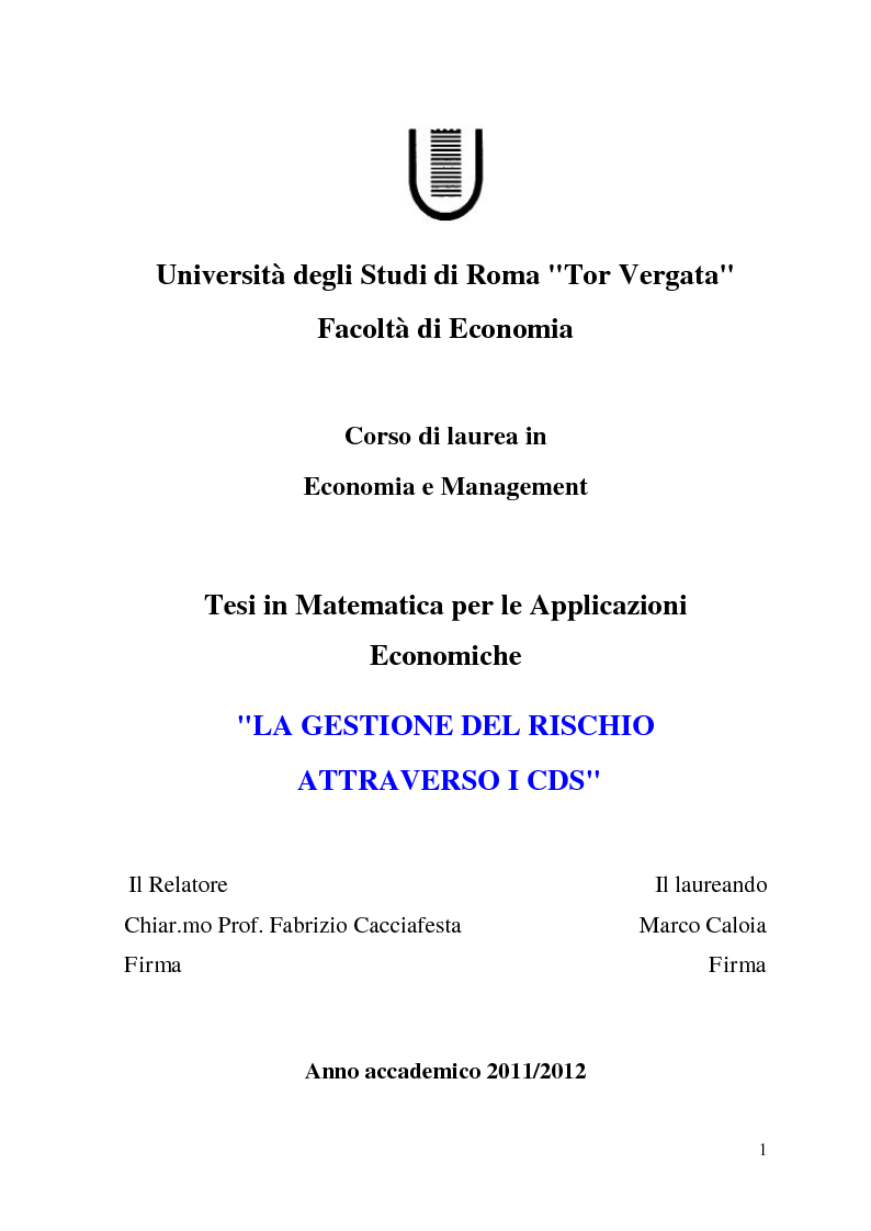Anteprima della tesi: La Gestione del Rischio attraverso i CDS, Pagina 1