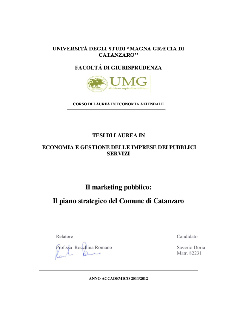 Anteprima della tesi: Il marketing pubblico: il piano strategico del Comune di Catanzaro, Pagina 1