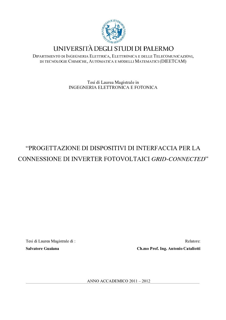 Anteprima della tesi: Progettazione di dispositivi di interfaccia per la connessione di inverter fotovoltaici grid-connected, Pagina 1