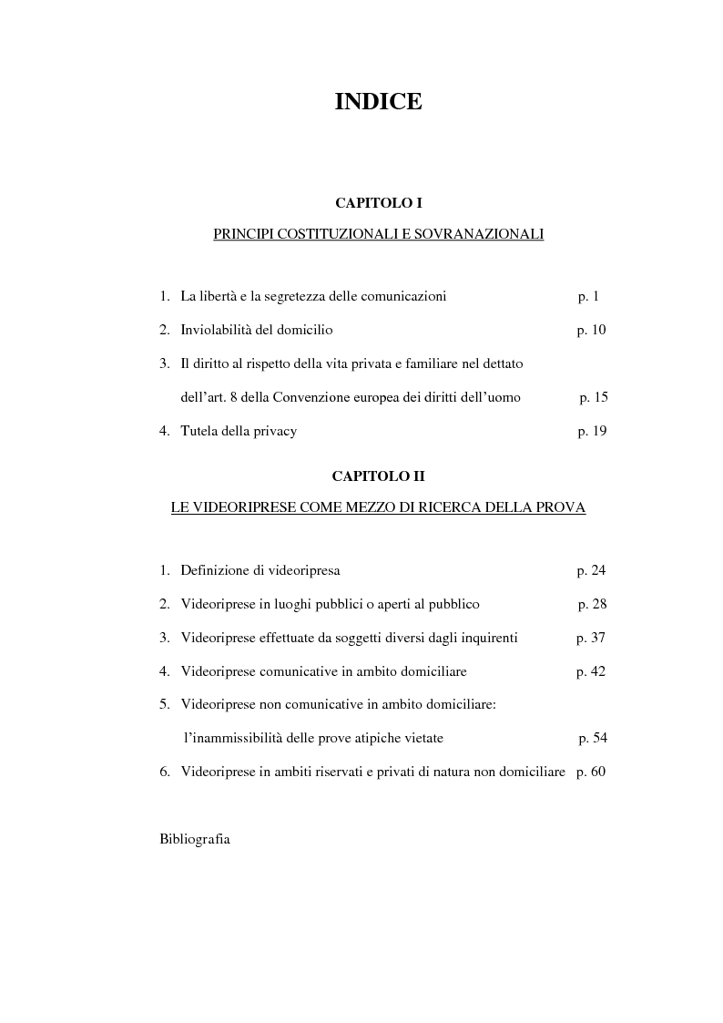 Indice della tesi: Intercettazioni di comunicazioni e videoregistrazioni, Pagina 1