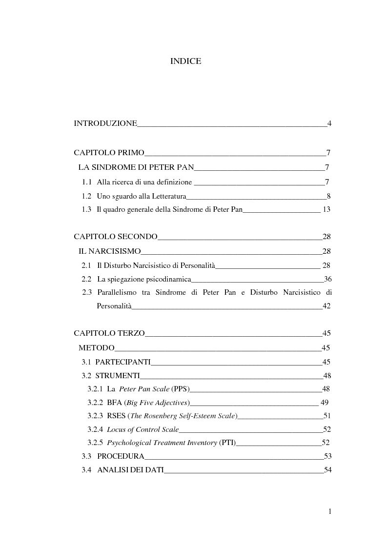 Indice della tesi: La sindrome di Pete Pan ed il Disturbo Narcisistico di Personalità - Proprietà Psicometriche della Peter Pan Scale (PPS), Pagina 1