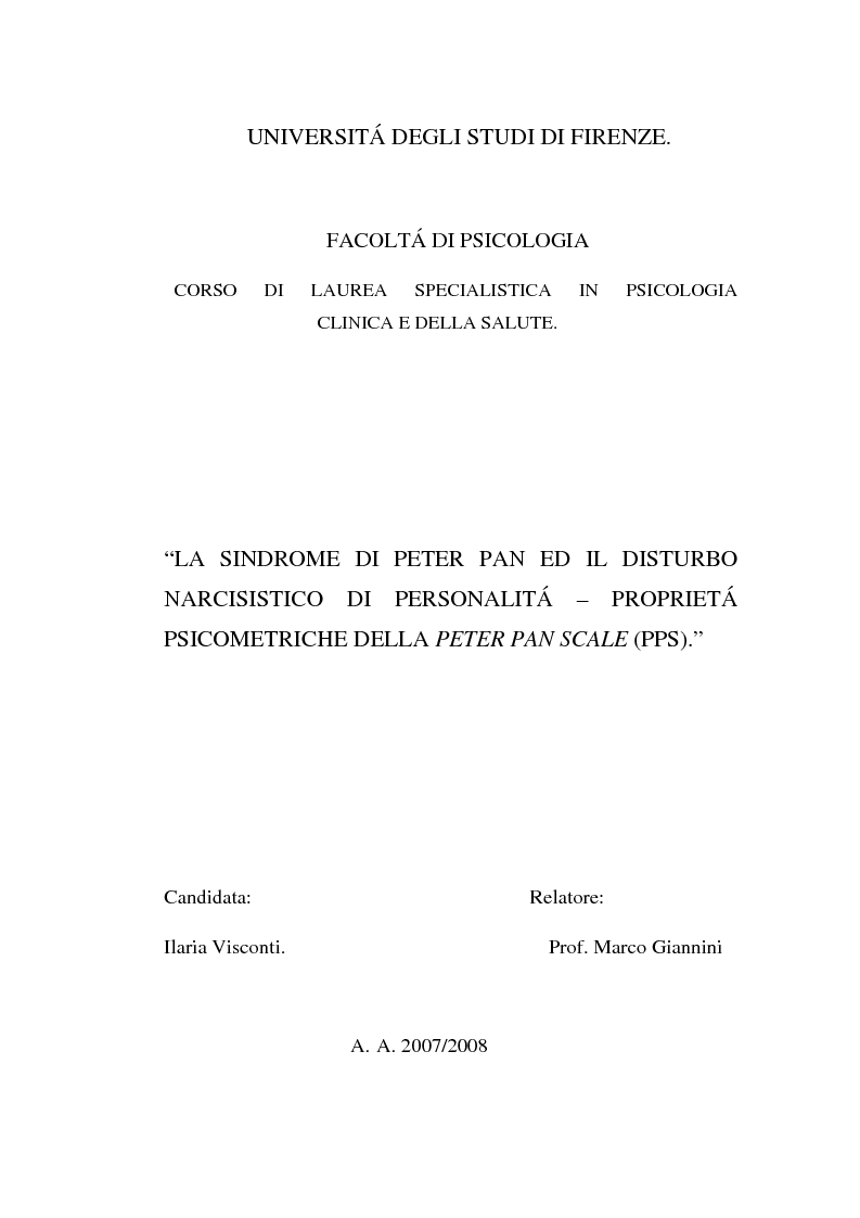 Anteprima della tesi: La sindrome di Pete Pan ed il Disturbo Narcisistico di Personalità - Proprietà Psicometriche della Peter Pan Scale (PPS), Pagina 1