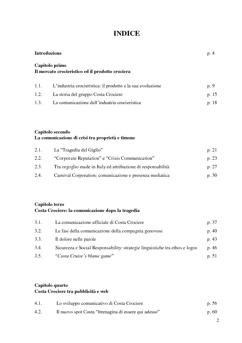 Indice della tesi: La Tragedia del Giglio: analisi linguistica della Crisis Communication di Costa Crociere, Pagina 1