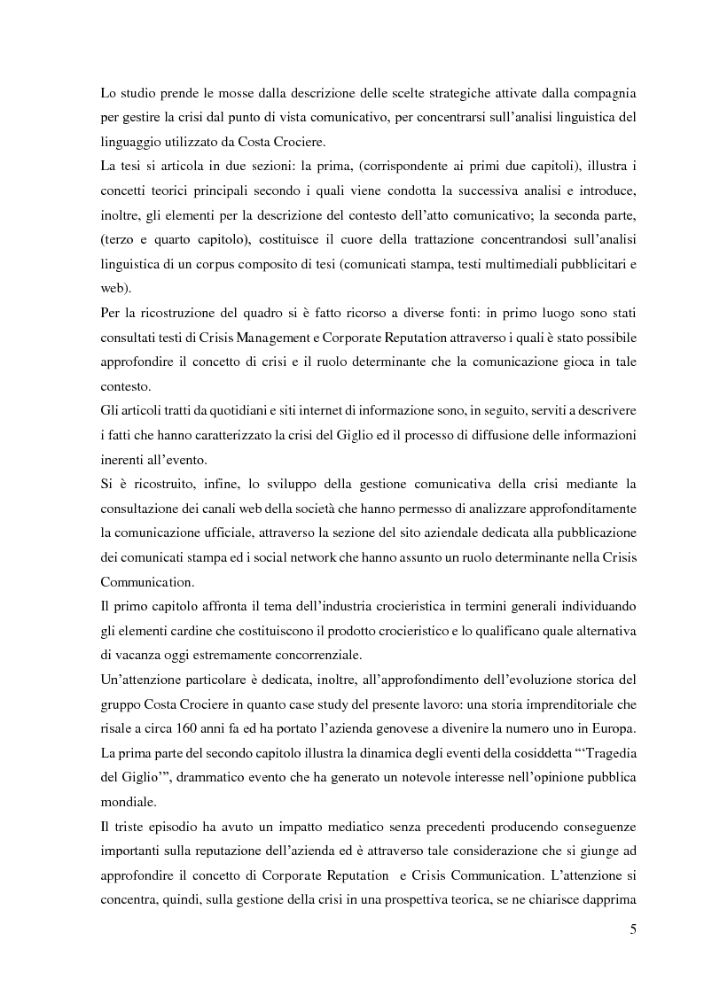 Anteprima della tesi: La Tragedia del Giglio: analisi linguistica della Crisis Communication di Costa Crociere, Pagina 3