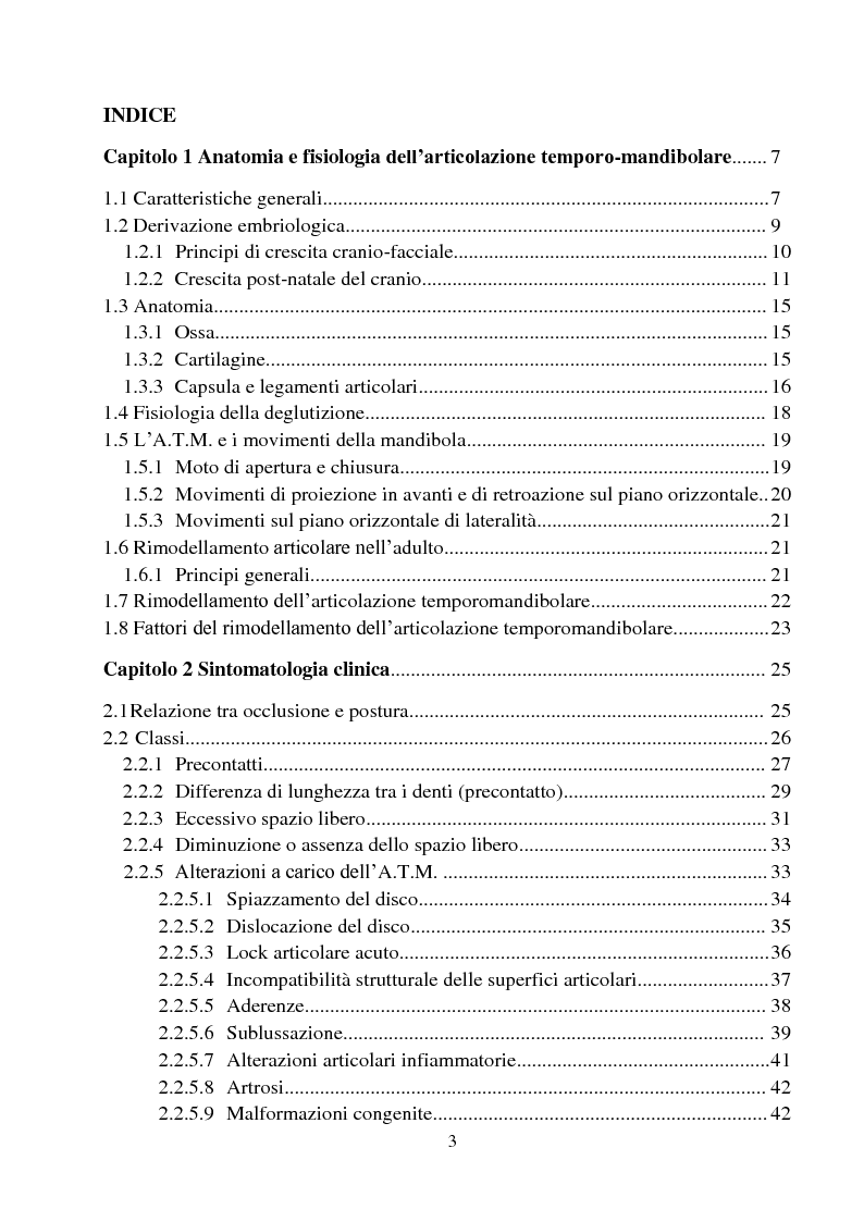 Indice della tesi: Postura e A.T.M: Indagini Strumentali, Terapia e Protocolli Clinici, Pagina 1