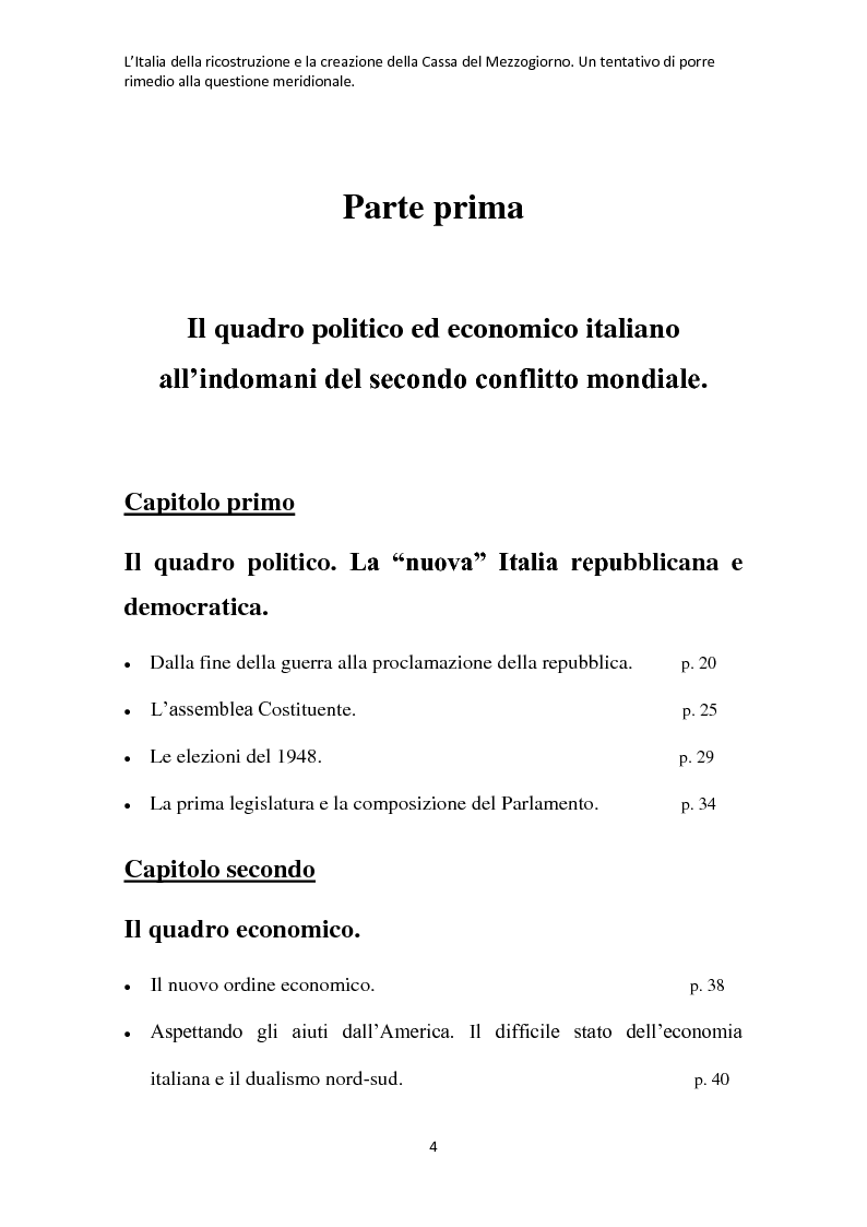 Indice della tesi: L'Italia della ricostruzione e la creazione della Cassa del Mezzogiorno. Un tentativo di porre rimedio alla questione meridionale., Pagina 1