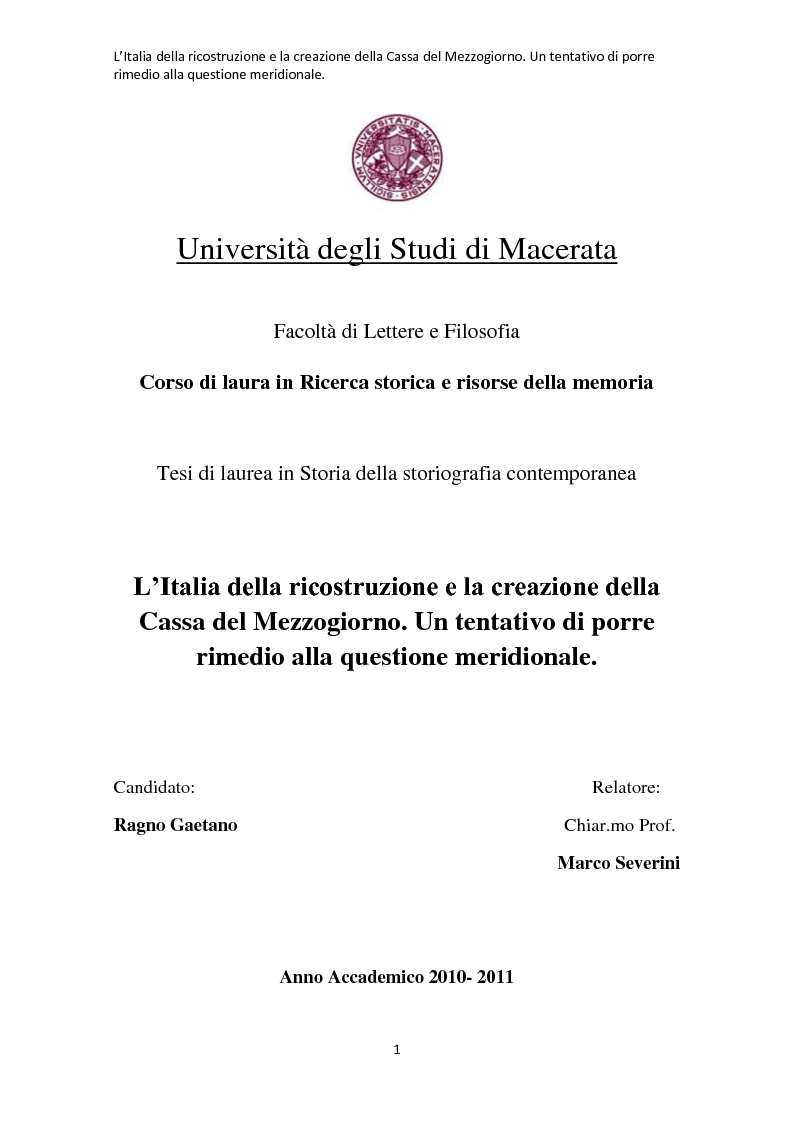 Anteprima della tesi: L'Italia della ricostruzione e la creazione della Cassa del Mezzogiorno. Un tentativo di porre rimedio alla questione meridionale., Pagina 1